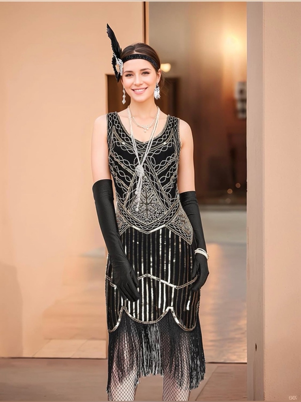 1920s Gatsby Sequin Fringed Paisley Flapper Dress with 20s Accessories Set